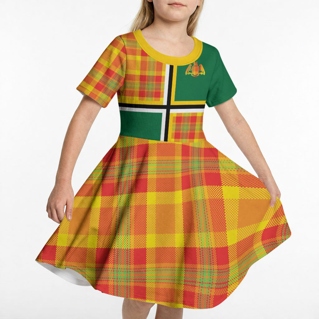 Dominica Creole Day Kid Short Sleeve Dress Coat Of Arms Madras Plaid Pattern