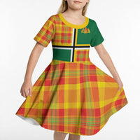 Dominica Creole Day Kid Short Sleeve Dress Coat Of Arms Madras Plaid Pattern