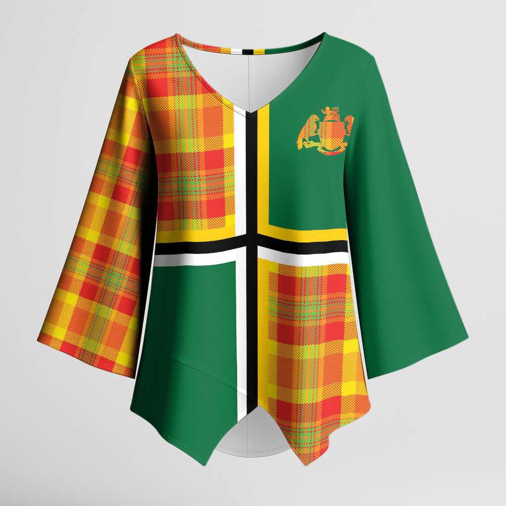 Dominica Creole Day Kimono Sleeve Blouse Coat Of Arms Madras Plaid Pattern
