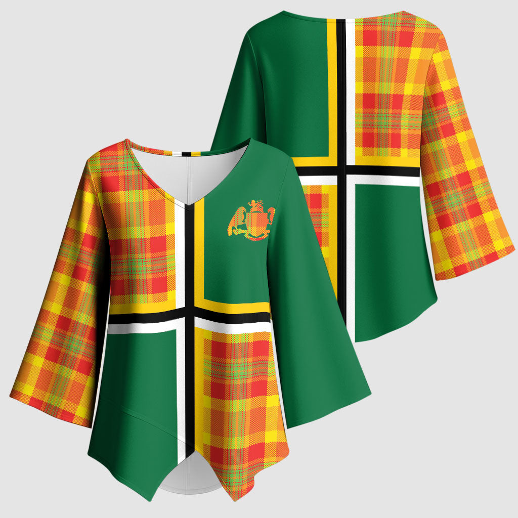 Dominica Creole Day Kimono Sleeve Blouse Coat Of Arms Madras Plaid Pattern