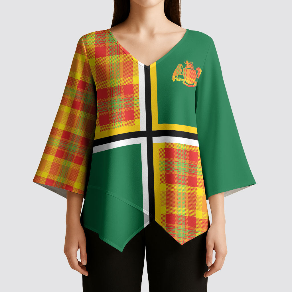 Dominica Creole Day Kimono Sleeve Blouse Coat Of Arms Madras Plaid Pattern