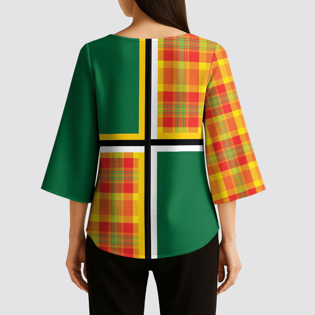 Dominica Creole Day Kimono Sleeve Blouse Coat Of Arms Madras Plaid Pattern