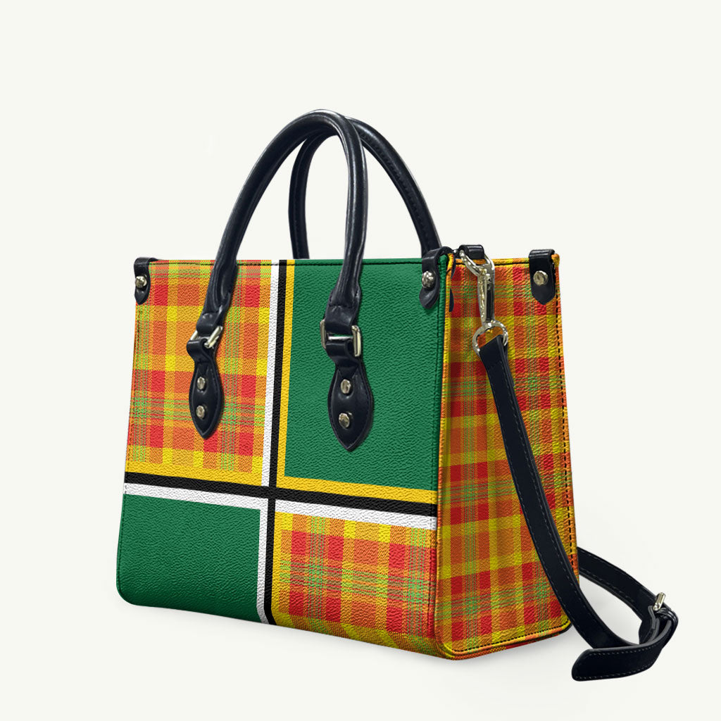 Dominica Creole Day Leather Bag Coat Of Arms Madras Plaid Pattern
