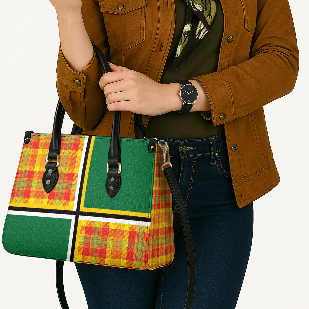 Dominica Creole Day Leather Bag Coat Of Arms Madras Plaid Pattern