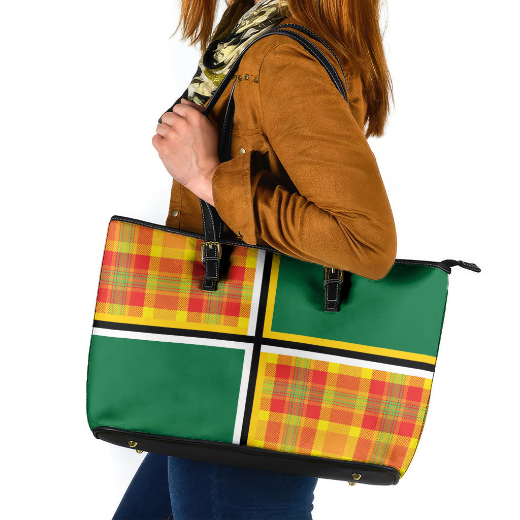Dominica Creole Day Leather Tote Bag Coat Of Arms Madras Plaid Pattern