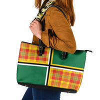 Dominica Creole Day Leather Tote Bag Coat Of Arms Madras Plaid Pattern