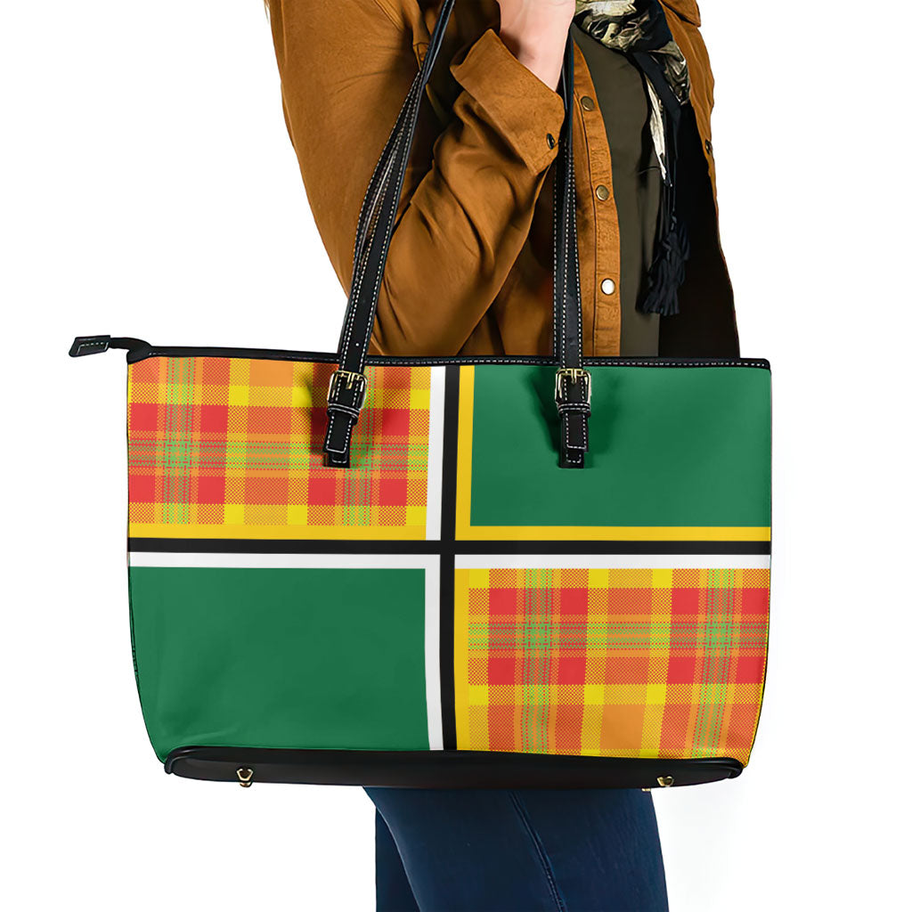 Dominica Creole Day Leather Tote Bag Coat Of Arms Madras Plaid Pattern