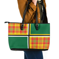 Dominica Creole Day Leather Tote Bag Coat Of Arms Madras Plaid Pattern