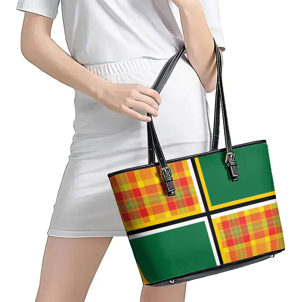 Dominica Creole Day Leather Tote Bag Coat Of Arms Madras Plaid Pattern