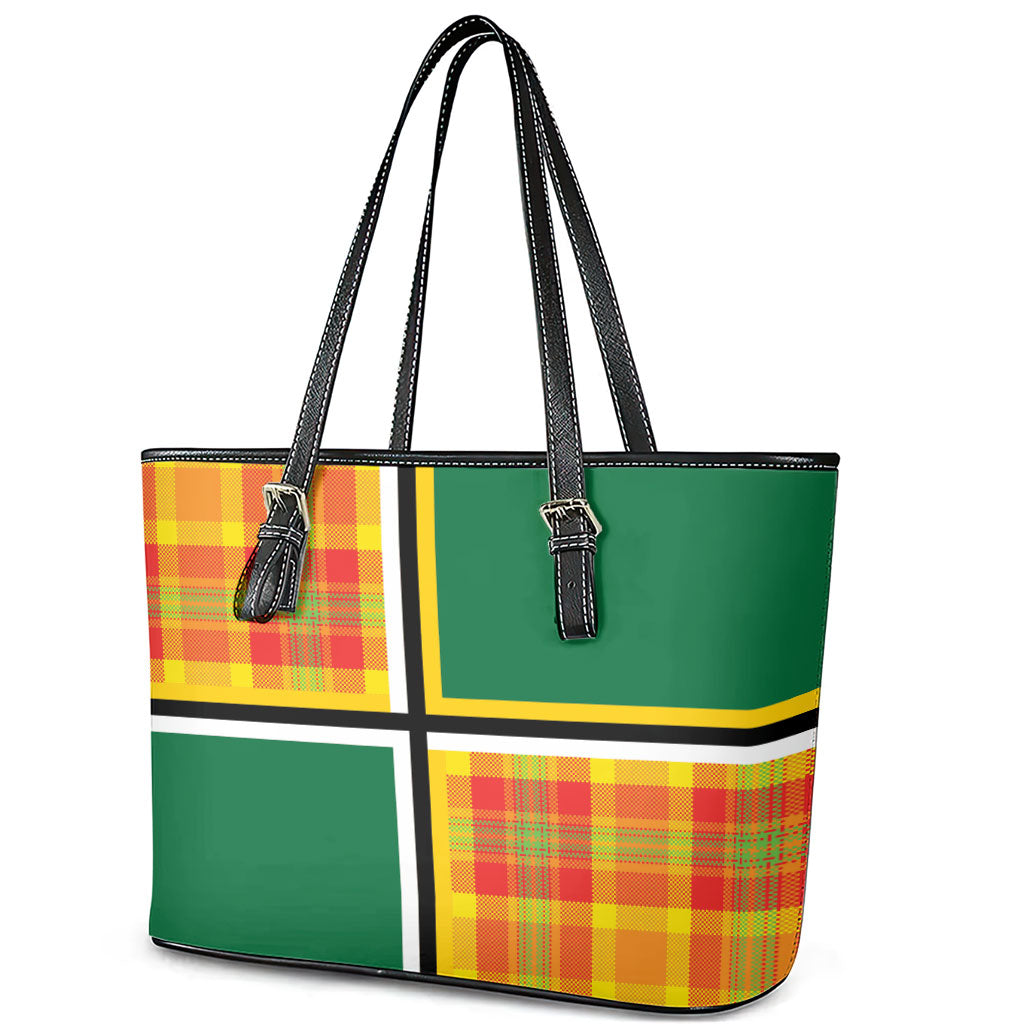 Dominica Creole Day Leather Tote Bag Coat Of Arms Madras Plaid Pattern