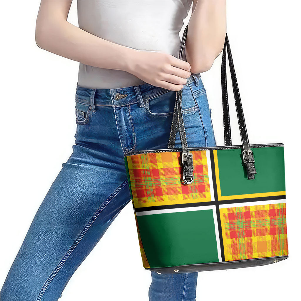 Dominica Creole Day Leather Tote Bag Coat Of Arms Madras Plaid Pattern