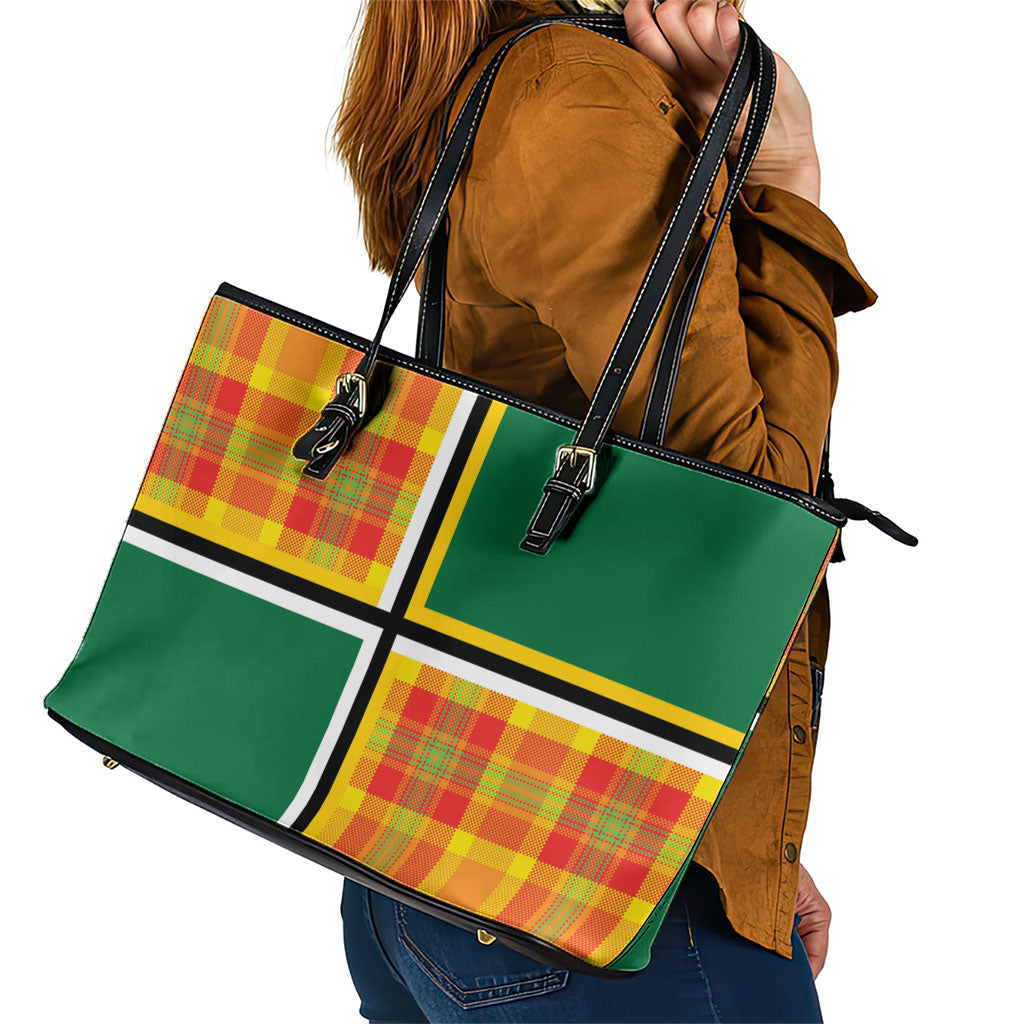 Dominica Creole Day Leather Tote Bag Coat Of Arms Madras Plaid Pattern
