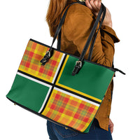 Dominica Creole Day Leather Tote Bag Coat Of Arms Madras Plaid Pattern