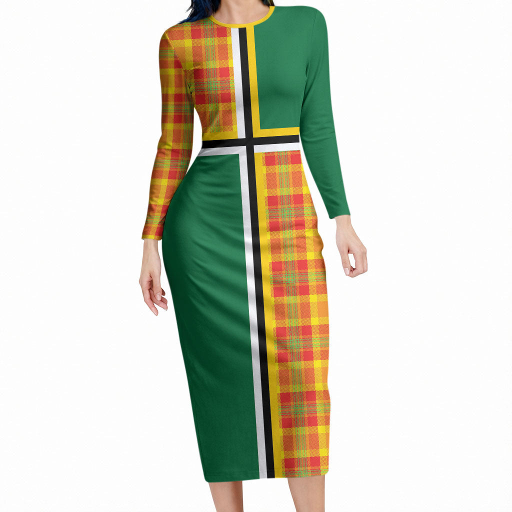 Dominica Creole Day Long Sleeve Bodycon Dress Coat Of Arms Madras Plaid Pattern
