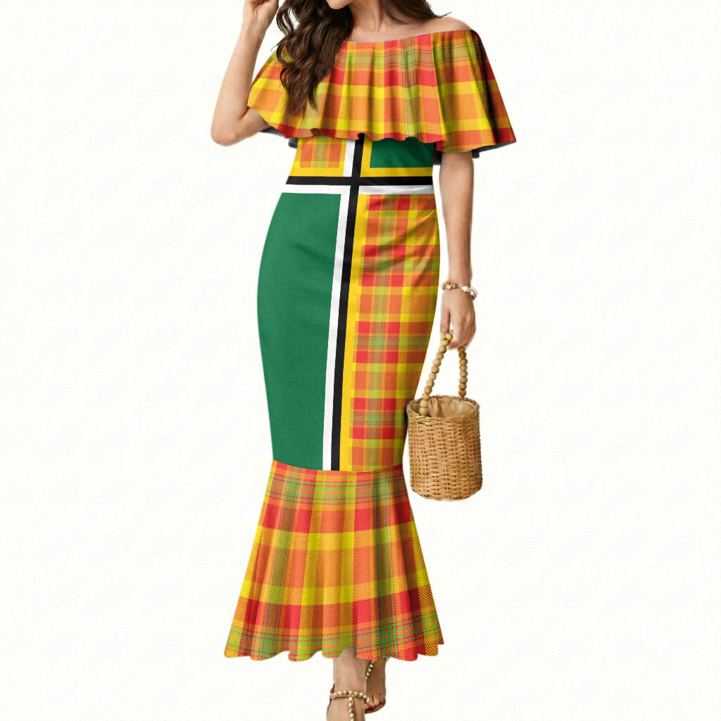 Dominica Creole Day Mermaid Dress Coat Of Arms Madras Plaid Pattern
