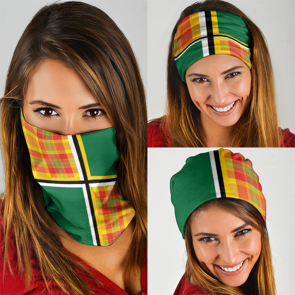 Dominica Creole Day Neck Gaiter Coat Of Arms Madras Plaid Pattern