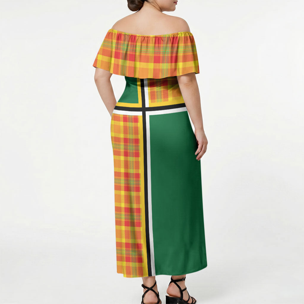 Dominica Creole Day Off Shoulder Maxi Dress Coat Of Arms Madras Plaid Pattern