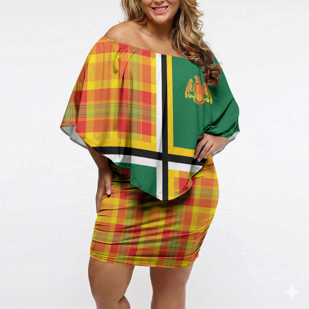 Dominica Creole Day Off Shoulder Short Dress Coat Of Arms Madras Plaid Pattern