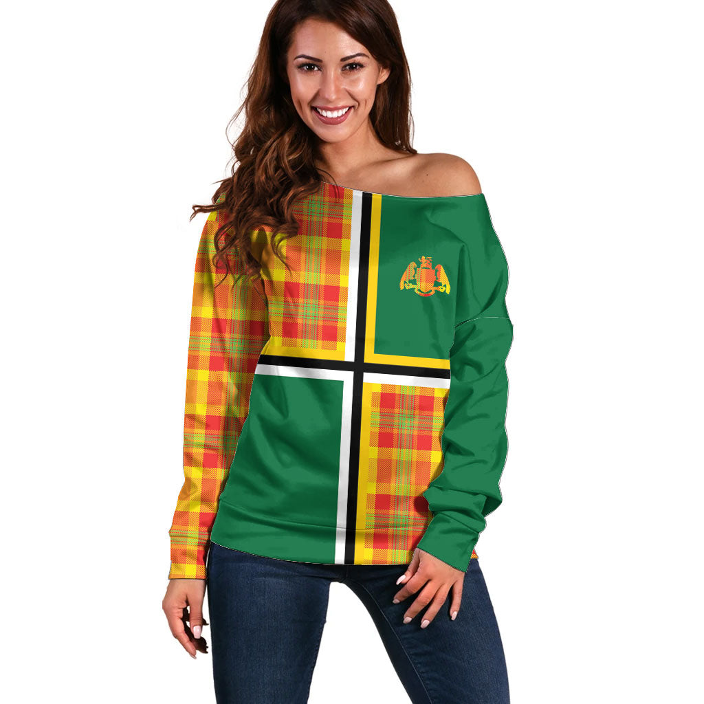 Dominica Creole Day Off Shoulder Sweater Coat Of Arms Madras Plaid Pattern