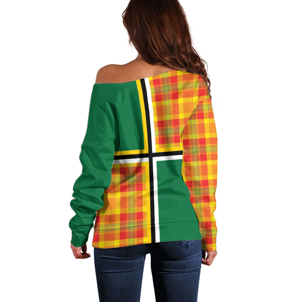 Dominica Creole Day Off Shoulder Sweater Coat Of Arms Madras Plaid Pattern