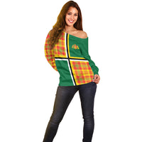 Dominica Creole Day Off Shoulder Sweater Coat Of Arms Madras Plaid Pattern