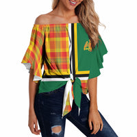 Dominica Creole Day Off Shoulder Wrap Waist Top Coat Of Arms Madras Plaid Pattern