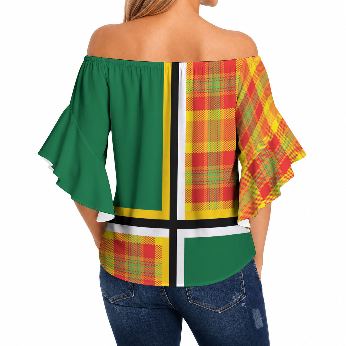 Dominica Creole Day Off Shoulder Wrap Waist Top Coat Of Arms Madras Plaid Pattern