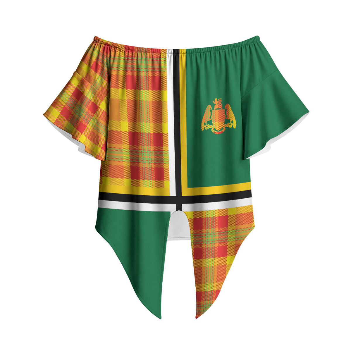 Dominica Creole Day Off Shoulder Wrap Waist Top Coat Of Arms Madras Plaid Pattern