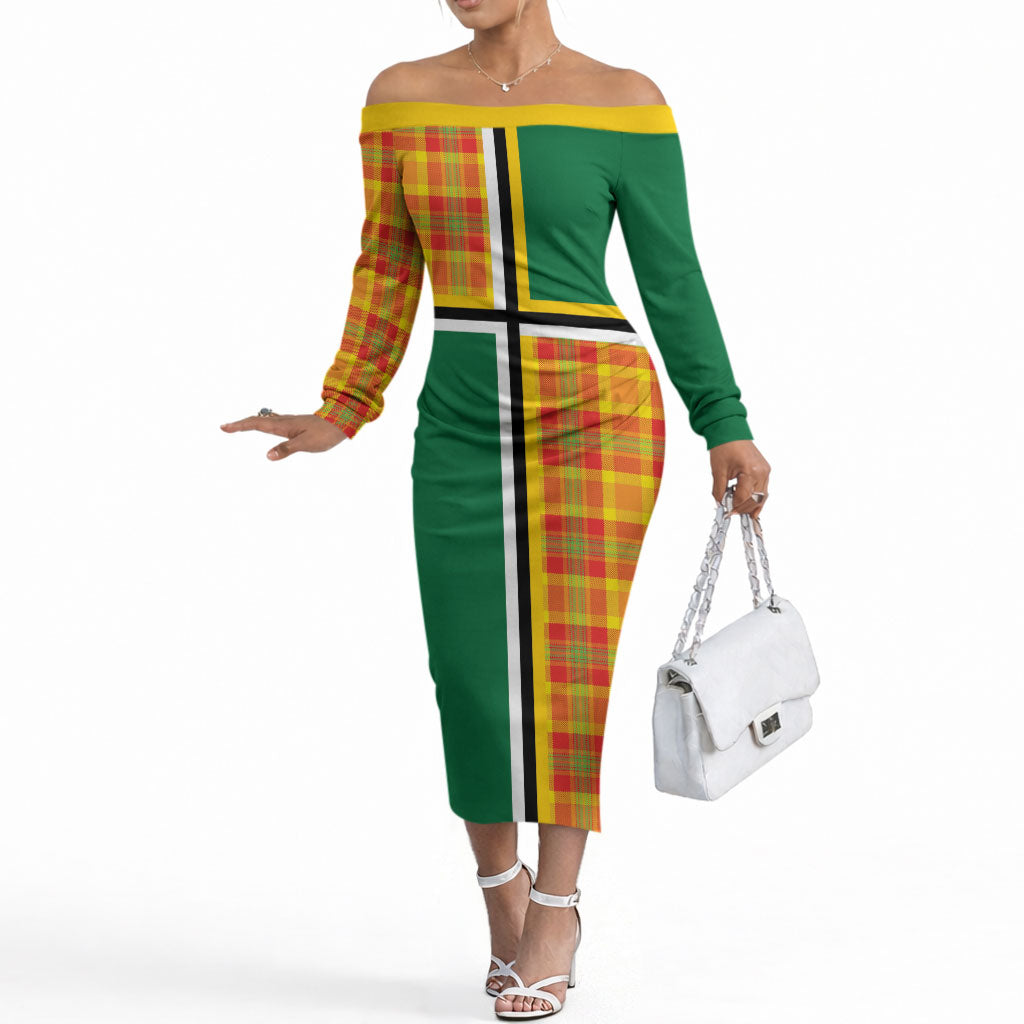 Dominica Creole Day Off The Shoulder Long Sleeve Dress Coat Of Arms Madras Plaid Pattern