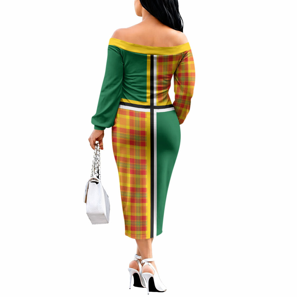 Dominica Creole Day Off The Shoulder Long Sleeve Dress Coat Of Arms Madras Plaid Pattern