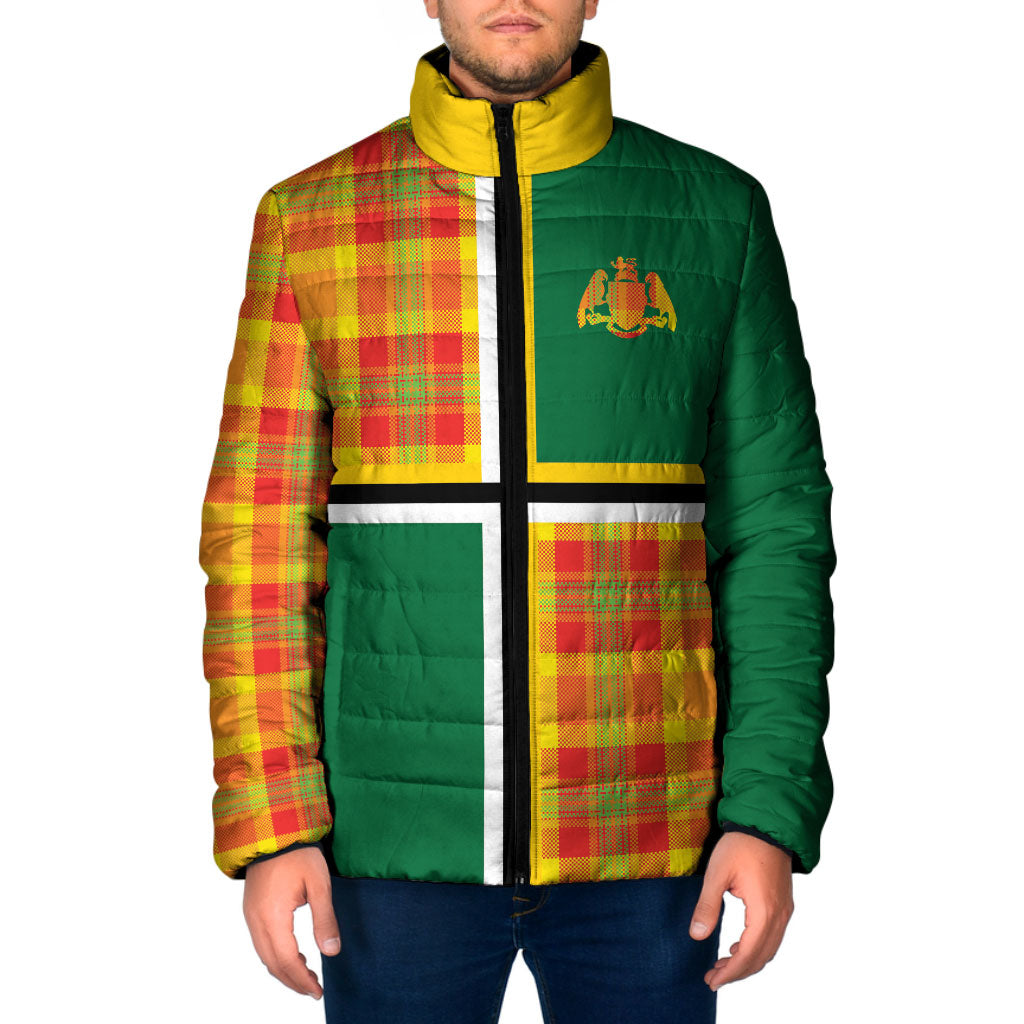 Dominica Creole Day Padded Jacket Coat Of Arms Madras Plaid Pattern