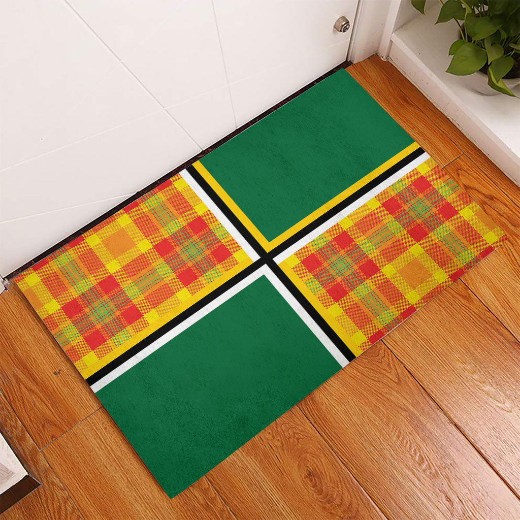 Dominica Creole Day Rubber Doormat Coat Of Arms Madras Plaid Pattern