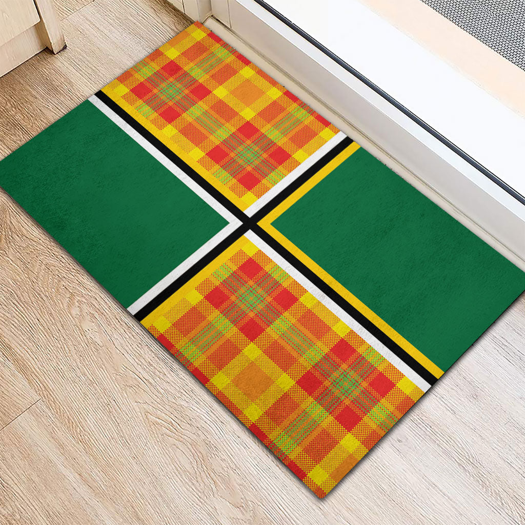 Dominica Creole Day Rubber Doormat Coat Of Arms Madras Plaid Pattern