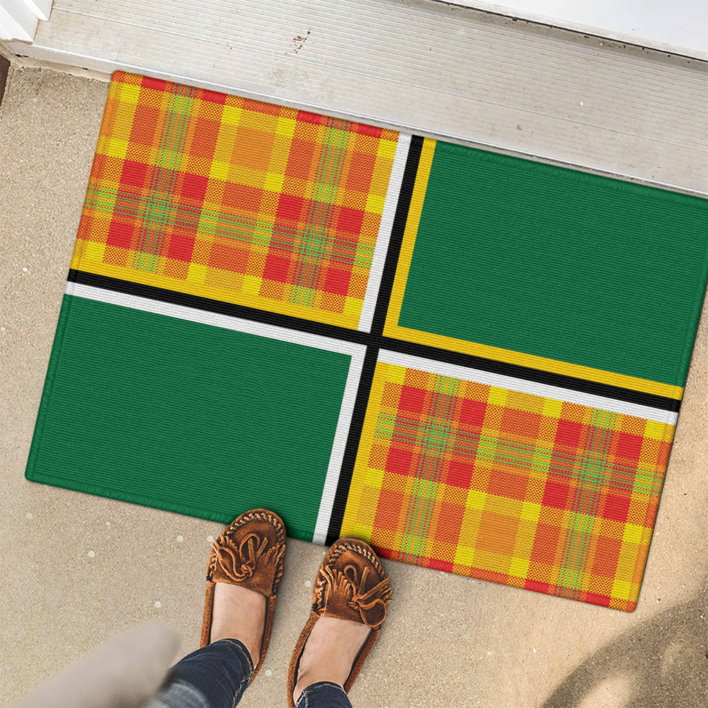 Dominica Creole Day Rubber Doormat Coat Of Arms Madras Plaid Pattern