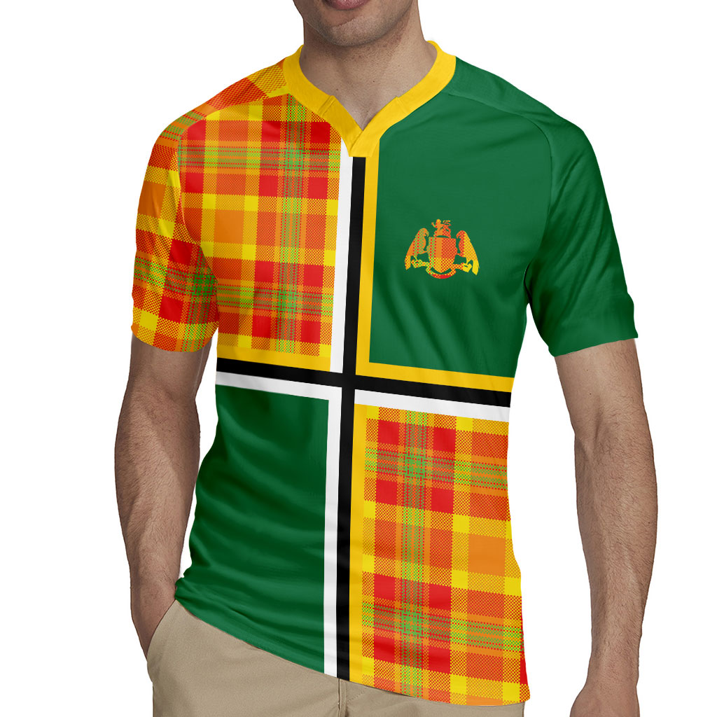 Dominica Creole Day Rugby Jersey Coat Of Arms Madras Plaid Pattern