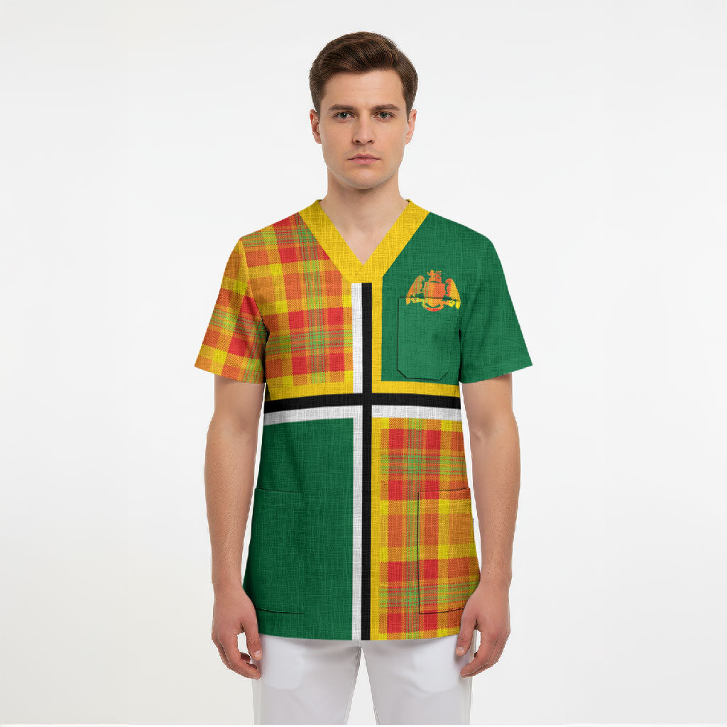 Dominica Creole Day Scrub Top Coat Of Arms Madras Plaid Pattern