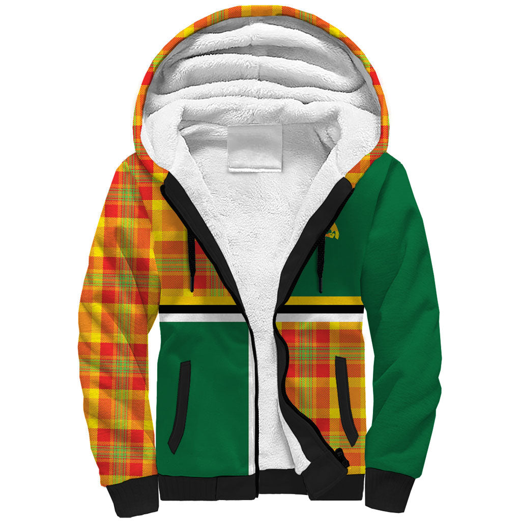 Dominica Creole Day Sherpa Hoodie Coat Of Arms Madras Plaid Pattern