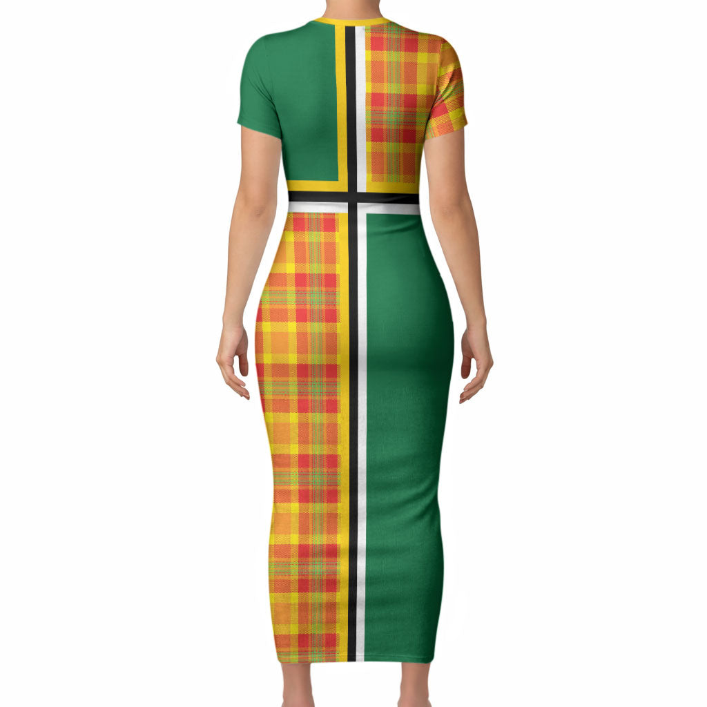 Dominica Creole Day Short Sleeve Bodycon Dress Coat Of Arms Madras Plaid Pattern