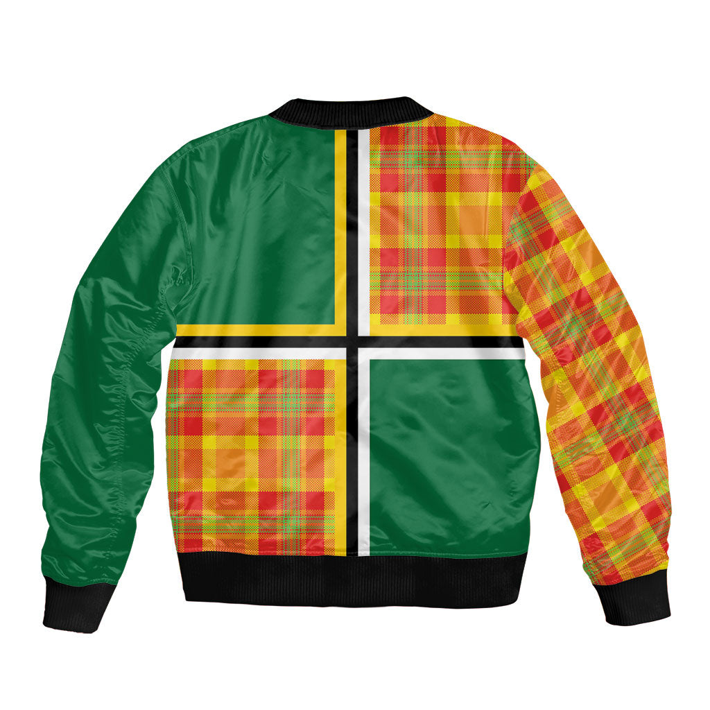 Dominica Creole Day Sleeve Zip Bomber Jacket Coat Of Arms Madras Plaid Pattern
