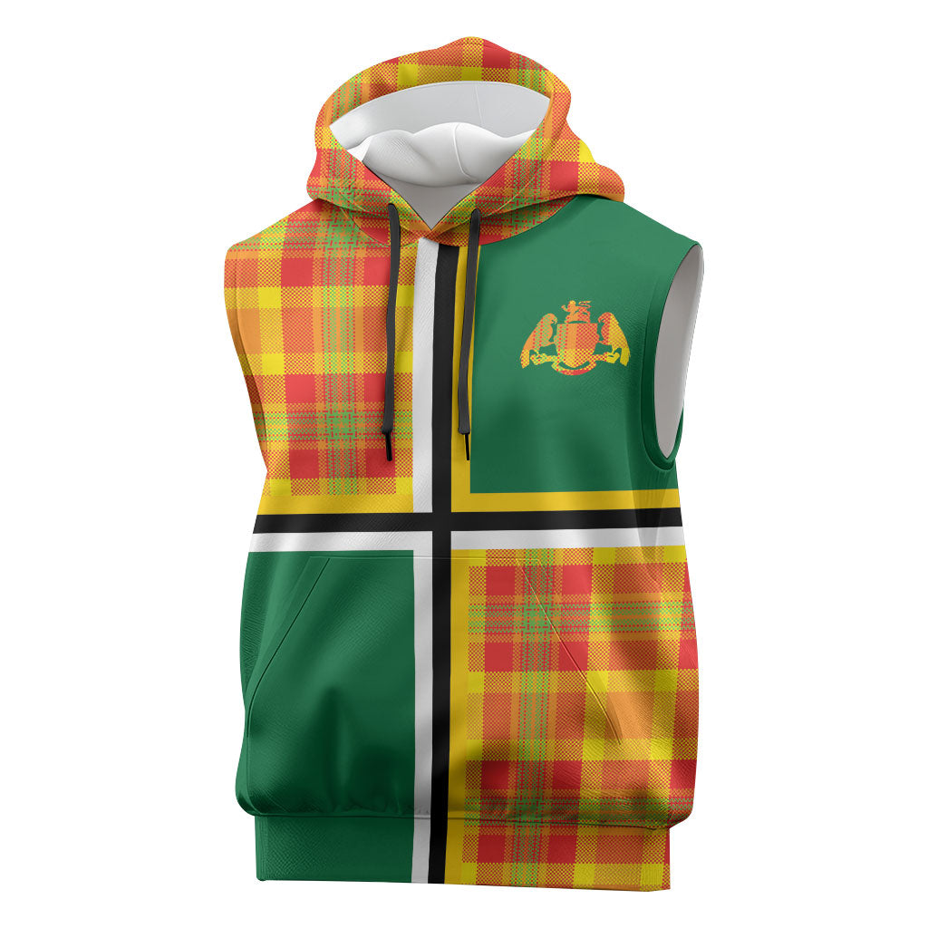 Dominica Creole Day Sleeveless Hoodie Coat Of Arms Madras Plaid Pattern