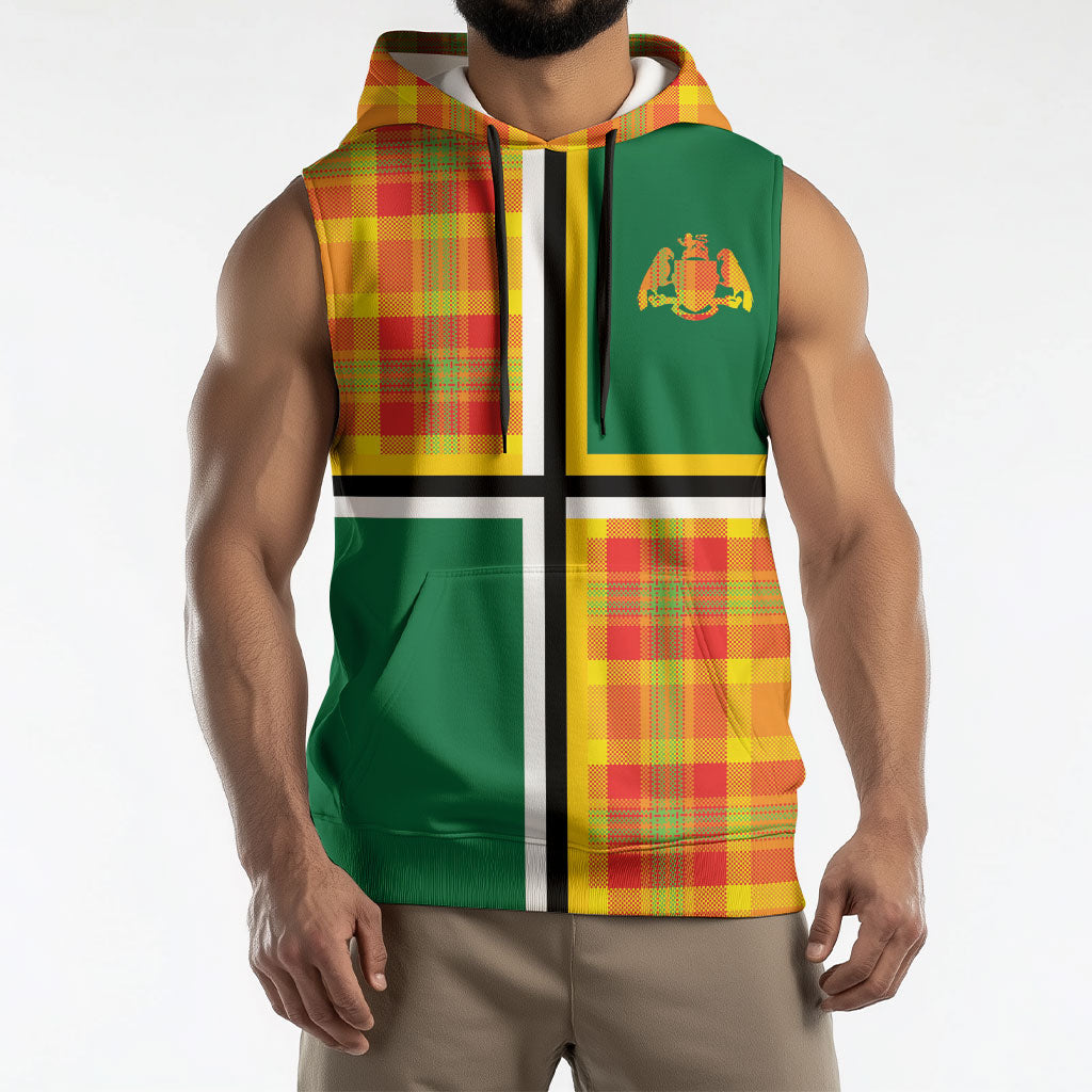 Dominica Creole Day Sleeveless Hoodie Coat Of Arms Madras Plaid Pattern