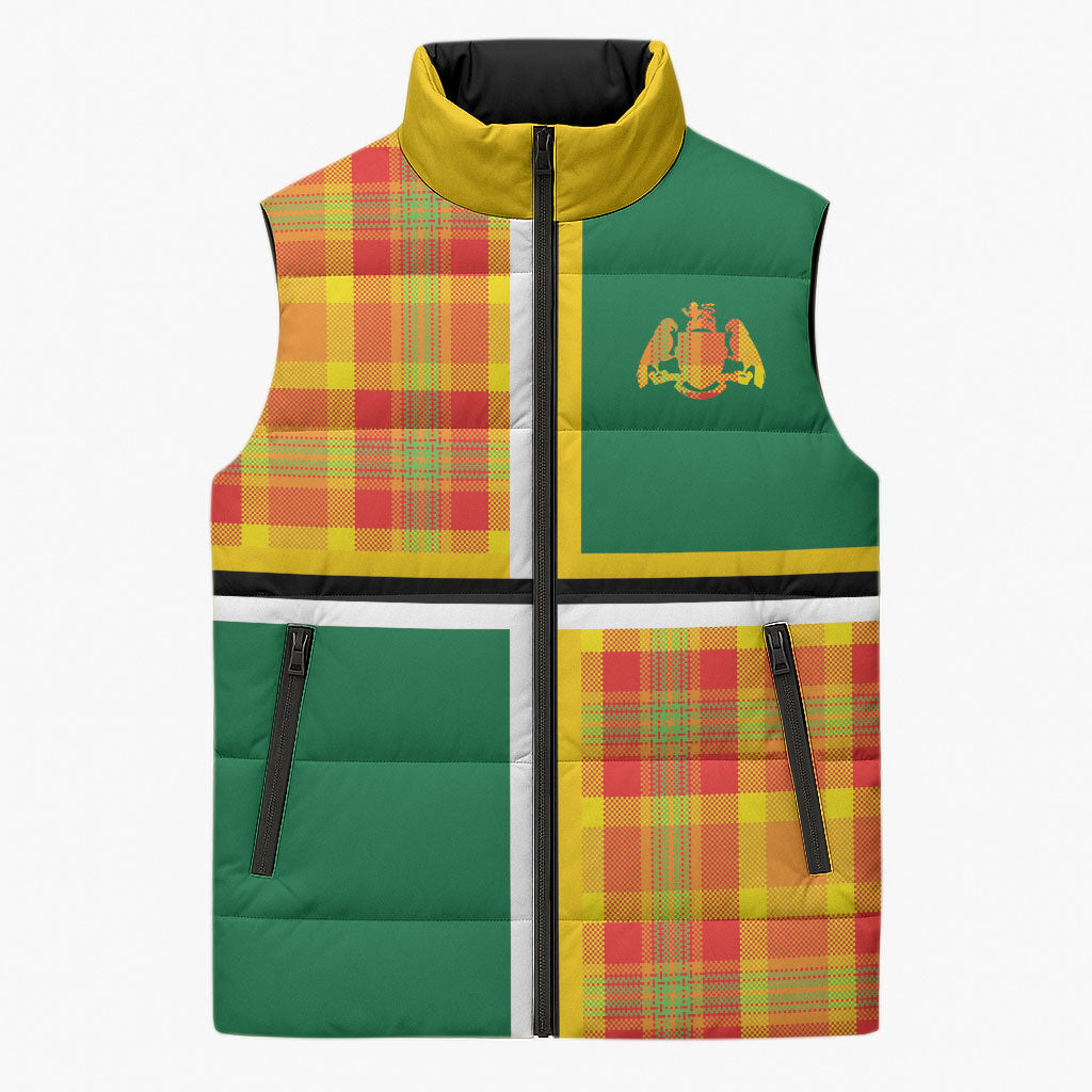 Dominica Creole Day Sleeveless Puffer Jacket Coat Of Arms Madras Plaid Pattern