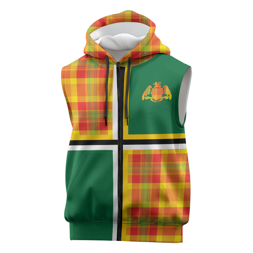 Dominica Creole Day Sleeveless Zip Hoodie Coat Of Arms Madras Plaid Pattern