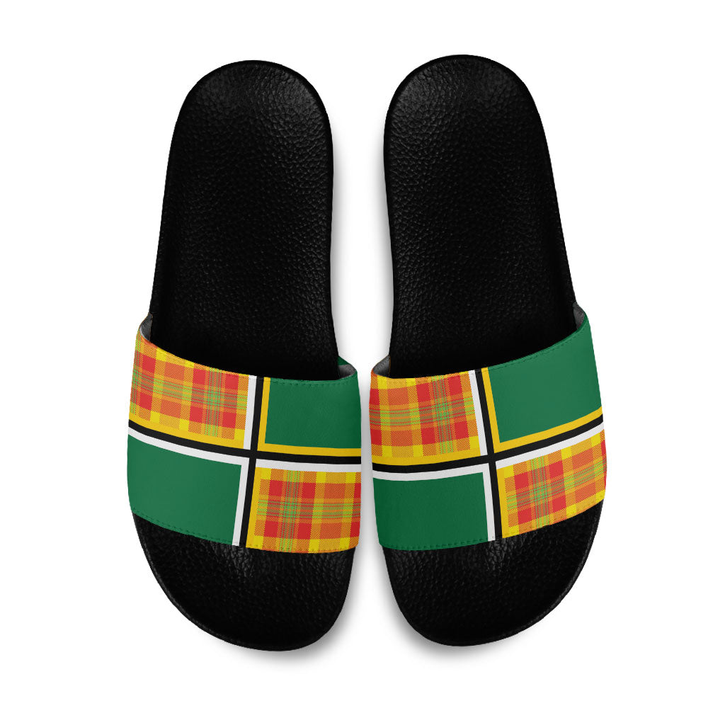 Dominica Creole Day Slide Sandals Coat Of Arms Madras Plaid Pattern