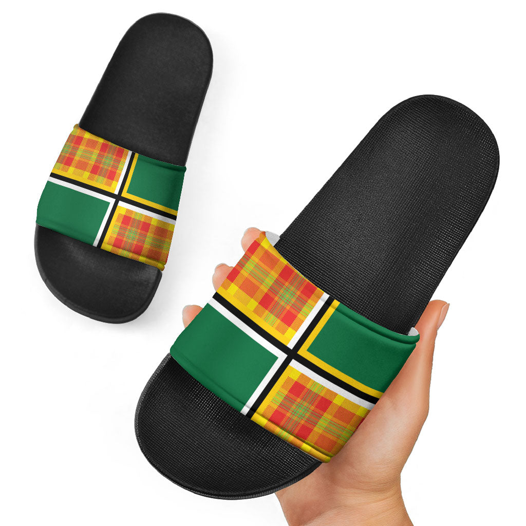 Dominica Creole Day Slide Sandals Coat Of Arms Madras Plaid Pattern