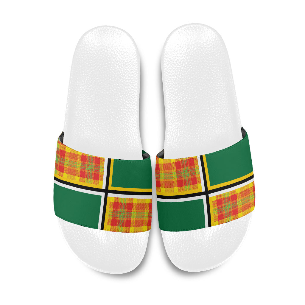 Dominica Creole Day Slide Sandals Coat Of Arms Madras Plaid Pattern