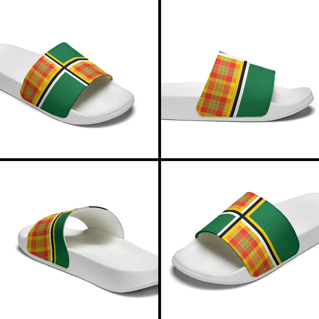 Dominica Creole Day Slide Sandals Coat Of Arms Madras Plaid Pattern