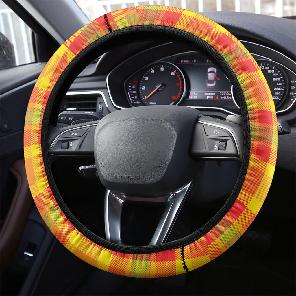 Dominica Creole Day Steering Wheel Cover Coat Of Arms Madras Plaid Pattern