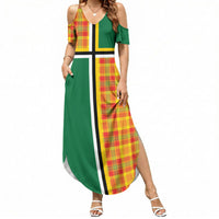 Dominica Creole Day Summer Maxi Dress Coat Of Arms Madras Plaid Pattern