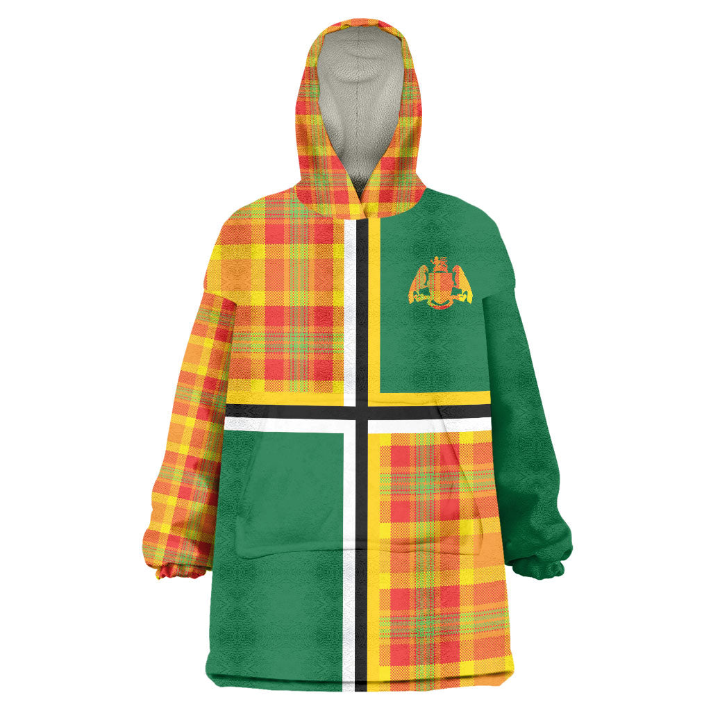 Dominica Creole Day Wearable Blanket Hoodie Coat Of Arms Madras Plaid Pattern